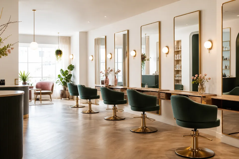 Heller Friseursalon mit Stylingplätzen